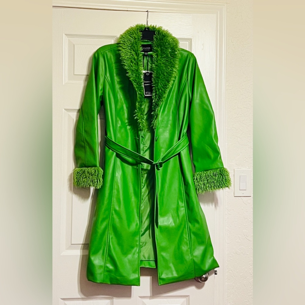 Stoosh Vibrant Green Leather Jacket with Faux Fur Trim